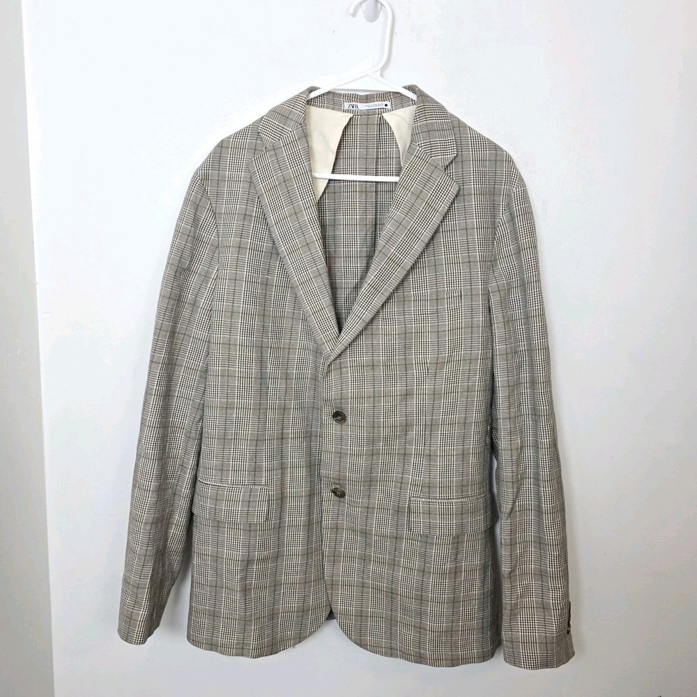 Zara Cream Brown Glen Plaid Preppy Business Casual 2 Button Blazer Size 42